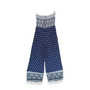 NWT!! Mudd Halter Jumpsuit Retro Floral Wide Legs Size Large Blue Sleeveless $48